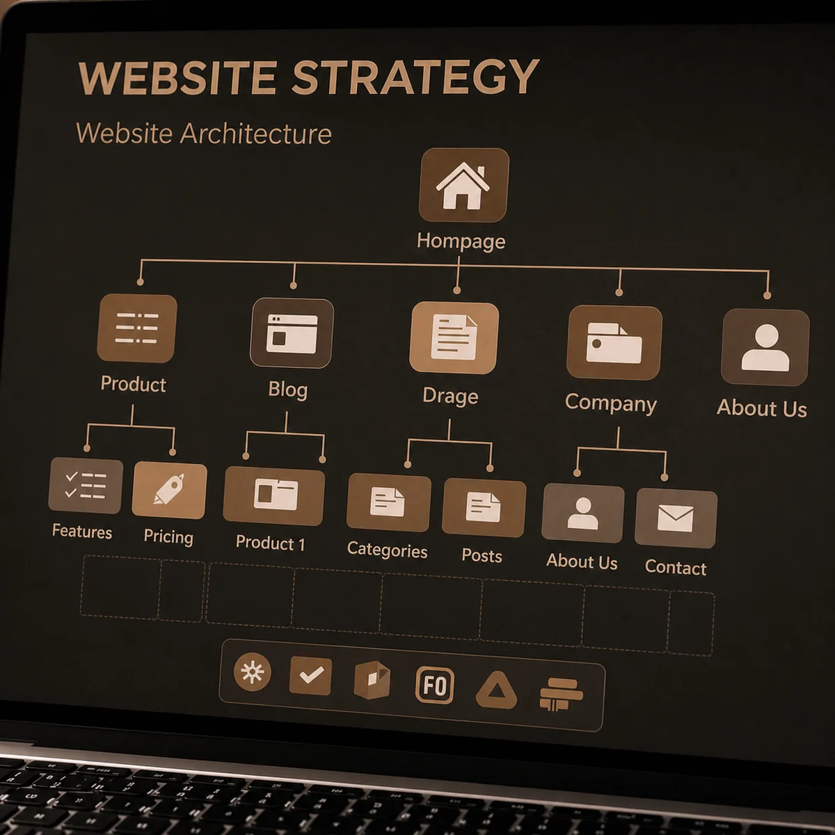 Website architecture diagram showing page hierarchy, navigation, and site structure planning