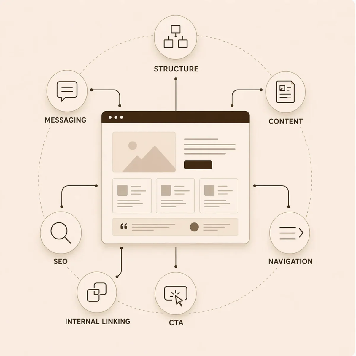 Website system diagram connecting structure, messaging, content, SEO, internal linking, navigation, and calls to action